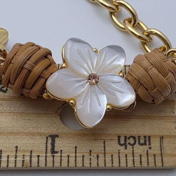 Talbots Mother Of Pearl Hibiscus Flower Necklace Gold Tone Brown Rattan 21 Inch - Picture 8 of 8